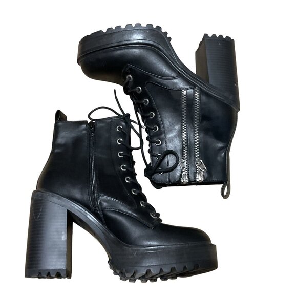 Black Chunky Lace-Up Ankle Boots Sz 9 - 4.5" Heel Guess GBG Goth Emo Style - Picture 5 of 9